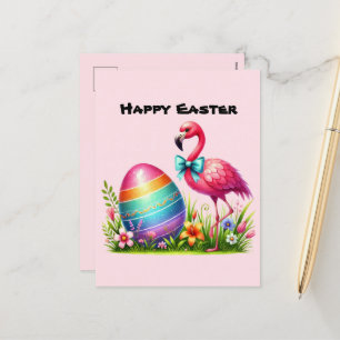 Cute Happy Easter pink flamingo add message Holiday Postcard