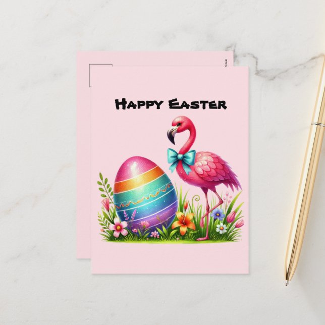 Cute Happy Easter pink flamingo add message Holiday Postcard (Front/Back In Situ)