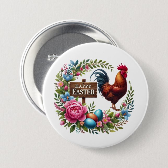 Cute Happy Easter rooster  7.5 Cm Round Badge (Front & Back)