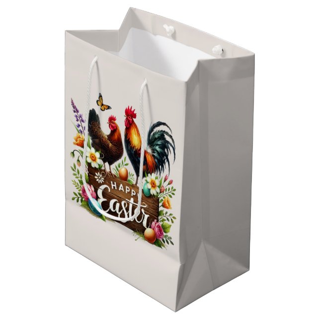 Cute Happy Easter Rooster Medium Gift Bag (Front Angled)