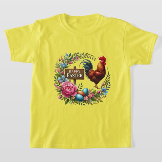 Cute Happy Easter unisex kids rooster T-Shirt (Laydown)