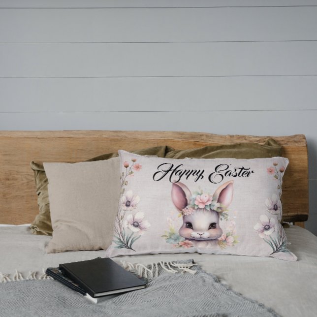 Cute Happy Easter Watercolor Bunny Lumbar Cushion (Creator Uploaded)