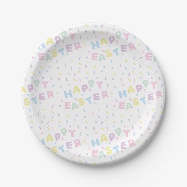 Cute Happy Easter Word Confetti Pattern Paper Plate (Front)