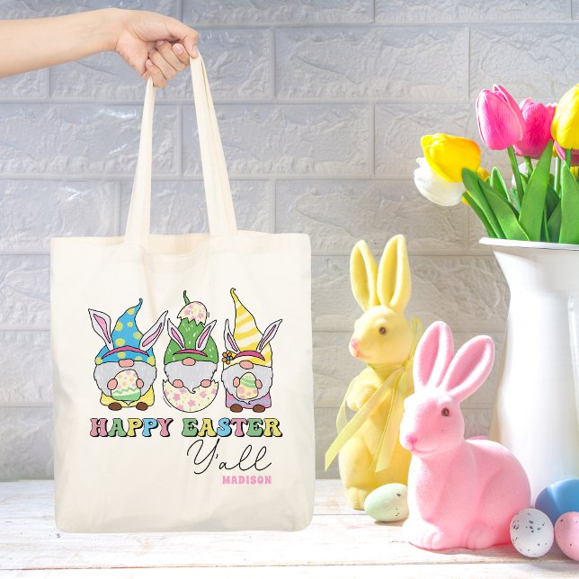 Cute Happy Easter Y'all Gnomes Personalised Name Tote Bag (Creator Uploaded)