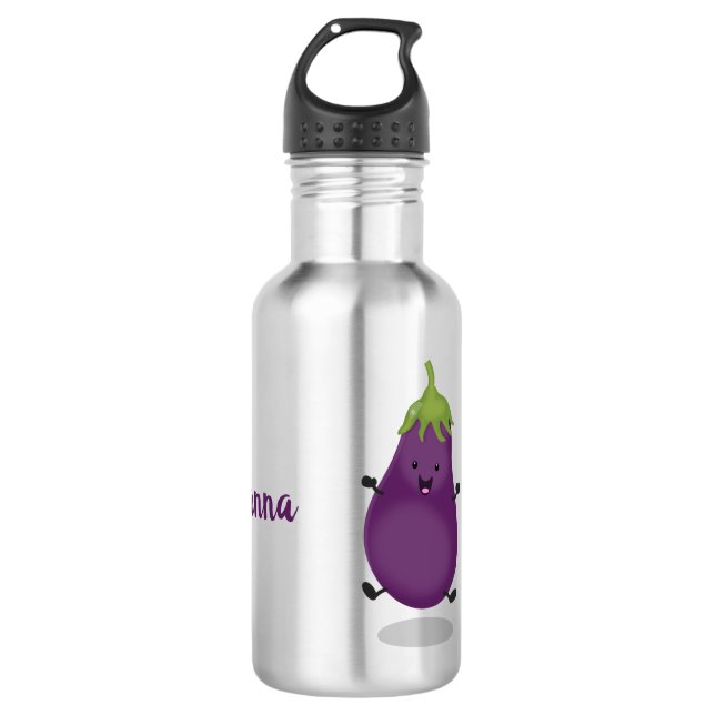 Cute happy eggplant aubergine cartoon illustration 532 ml water bottle (Front)