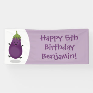 Cute happy eggplant aubergine cartoon illustration banner