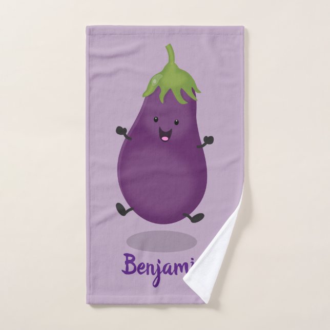 Cute happy eggplant aubergine cartoon illustration bath towel set (Hand Towel)