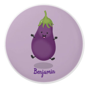 Cute happy eggplant aubergine cartoon illustration ceramic knob