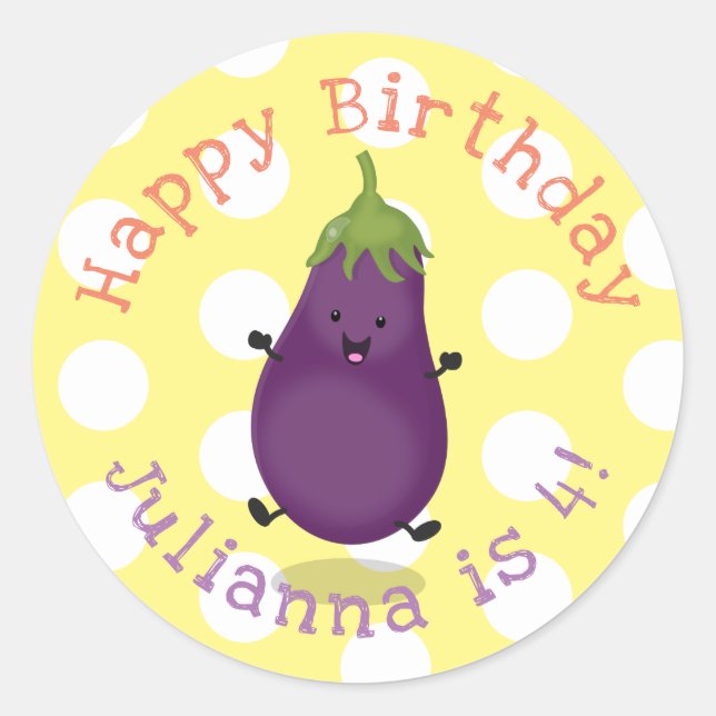 Cute happy eggplant aubergine cartoon illustration classic round sticker (Front)