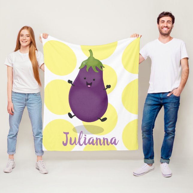 Cute happy eggplant aubergine cartoon illustration fleece blanket (In Situ)