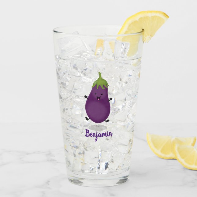 Cute happy eggplant aubergine cartoon illustration glass (Back Ice)