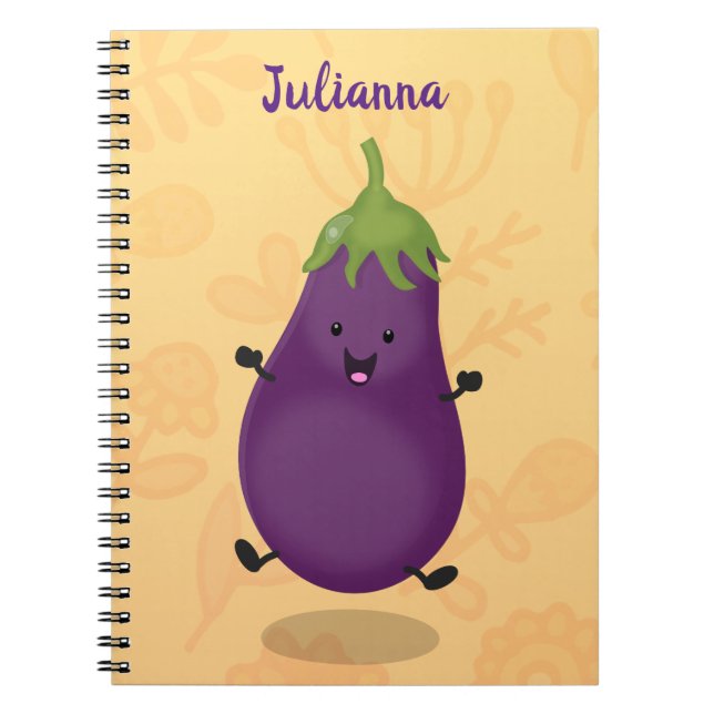 Cute happy eggplant aubergine cartoon illustration notebook (Front)