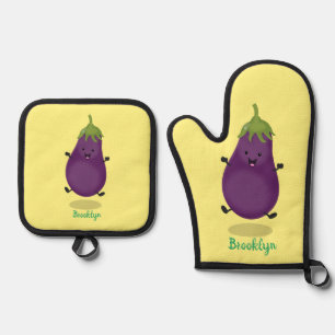 Cute happy eggplant aubergine cartoon illustration oven mitt & pot holder set