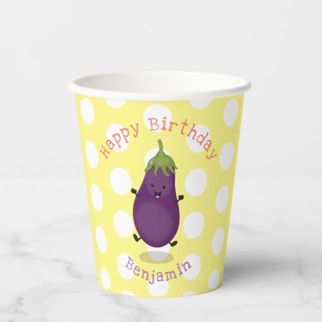 Cute happy eggplant aubergine cartoon illustration paper cups (Front)