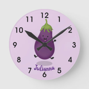 Cute happy eggplant aubergine cartoon illustration round clock