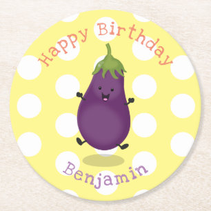 Cute happy eggplant aubergine cartoon illustration round paper coaster