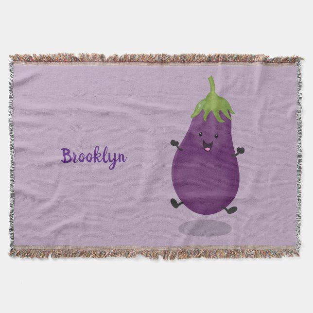 Cute happy eggplant aubergine cartoon illustration throw blanket (Front)