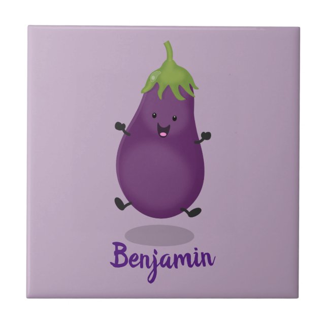 Cute happy eggplant aubergine cartoon illustration tile (Front)