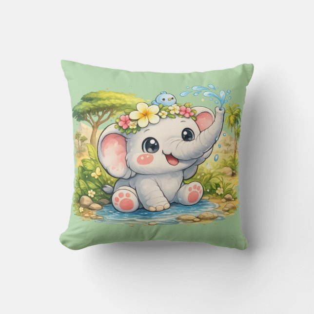 Cute Happy Elephant Kawaii Cushion Pillow (Front)