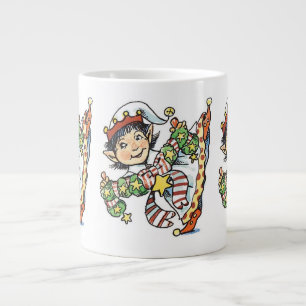 Cute Happy Elf Dancing, Retro Christmas Cartoon Large Coffee Mug