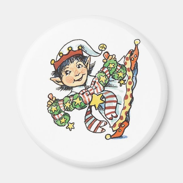 Cute Happy Elf Dancing, Retro Christmas Cartoon Magnet (Front)