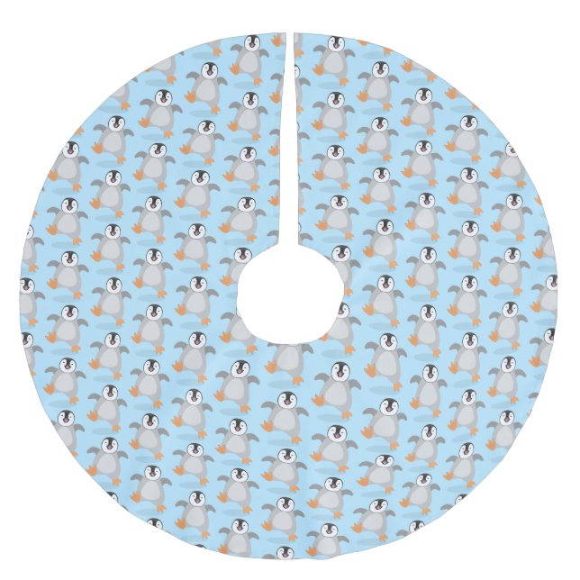Cute happy emperor penguin chick cartoon  brushed polyester tree skirt (Front)