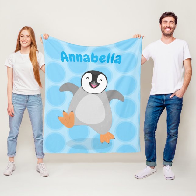 Cute happy emperor penguin chick cartoon fleece blanket (In Situ)