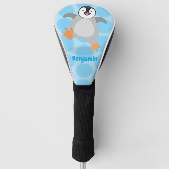 Cute happy emperor penguin chick cartoon golf head cover (Front)