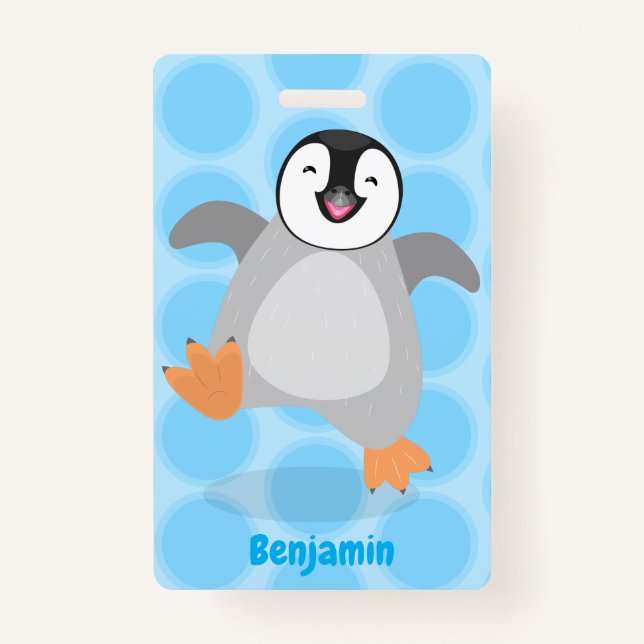 Cute happy emperor penguin chick cartoon ID badge (Front)