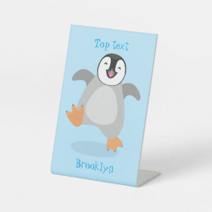 Cute happy emperor penguin chick cartoon pedestal sign