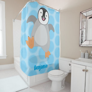 Cute happy emperor penguin chick cartoon shower curtain