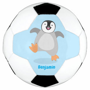 Cute happy emperor penguin chick cartoon soccer ball