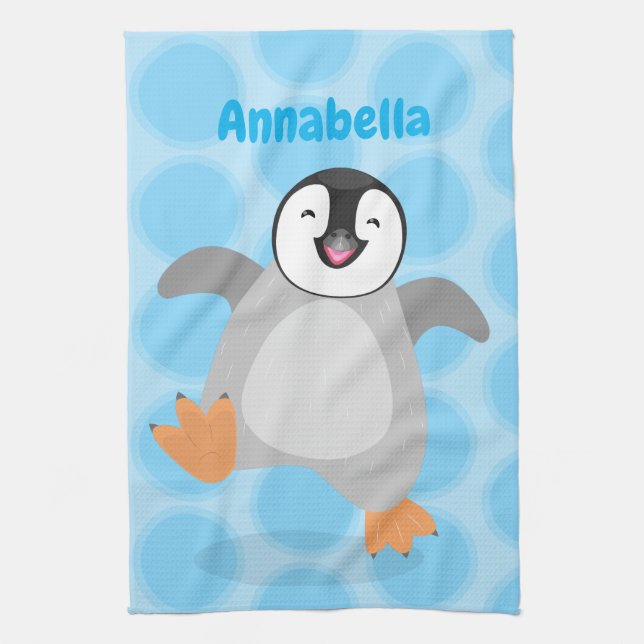 Cute happy emperor penguin chick cartoon tea towel (Vertical)