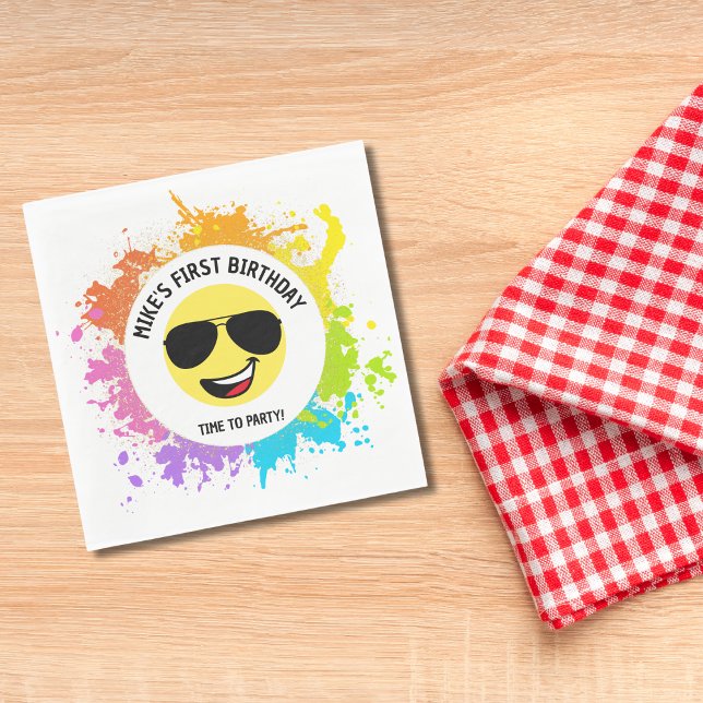 Cute Happy Face,Aviator Glasses,Fun First Birthday Napkin (Creator Uploaded)