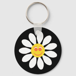 Cute Happy Face Girly White Daisy Flower on Black Key Ring