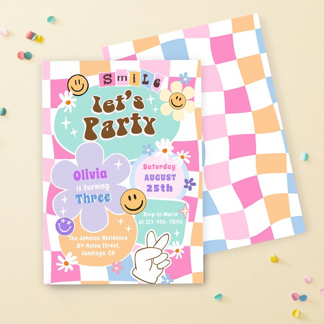 Cute Happy Face Smile Groovy Chequered Birthday Invitation (Creator Uploaded)