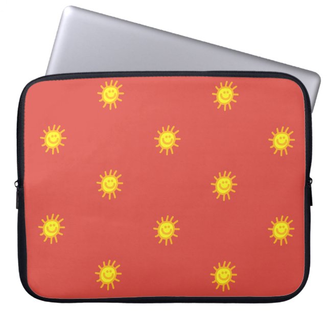 Cute Happy Face Sunshine Sun Pattern Red Modern Laptop Sleeve (Front)