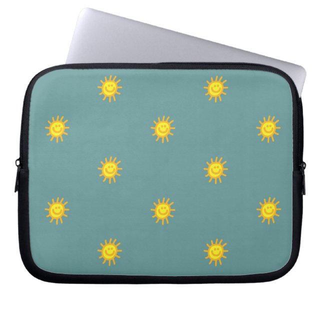 Cute Happy Face Sunshine Sun Pattern Teal Modern Laptop Sleeve (Front)