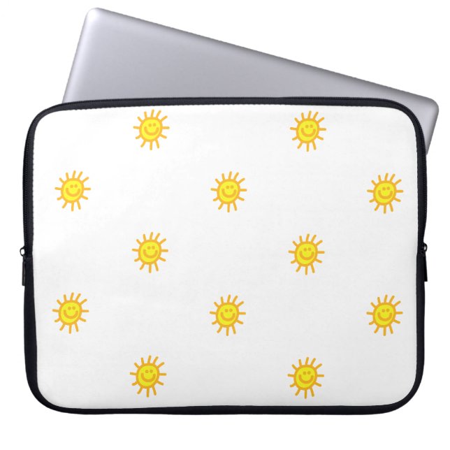 Cute Happy Face Sunshine Sun Pattern White Yellow Laptop Sleeve (Front)
