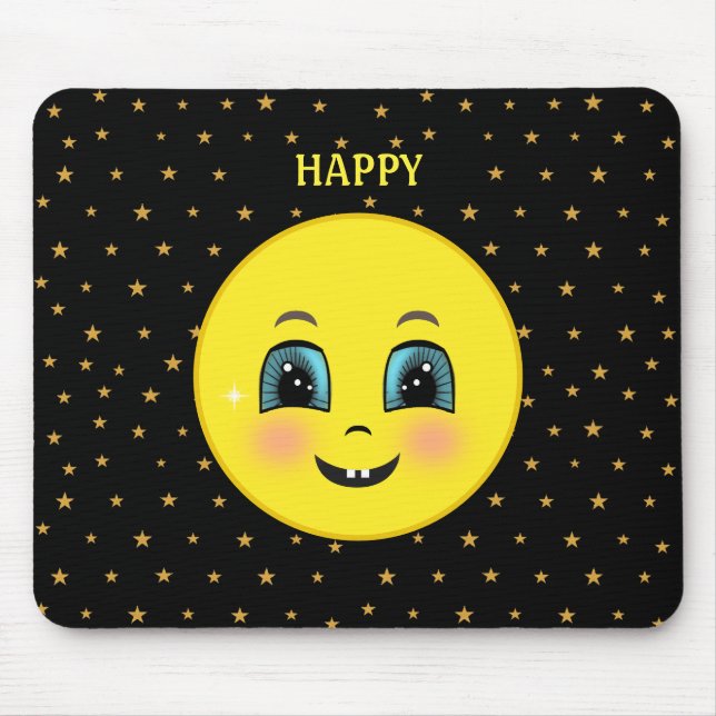 Cute happy faces and stars on black mouse pad (Front)
