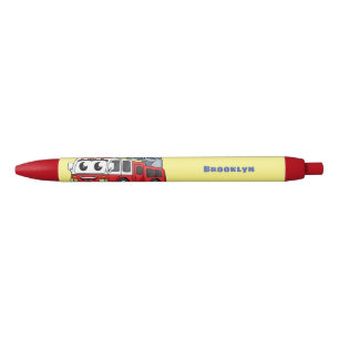 Cute happy fire engine cartoon black ink pen