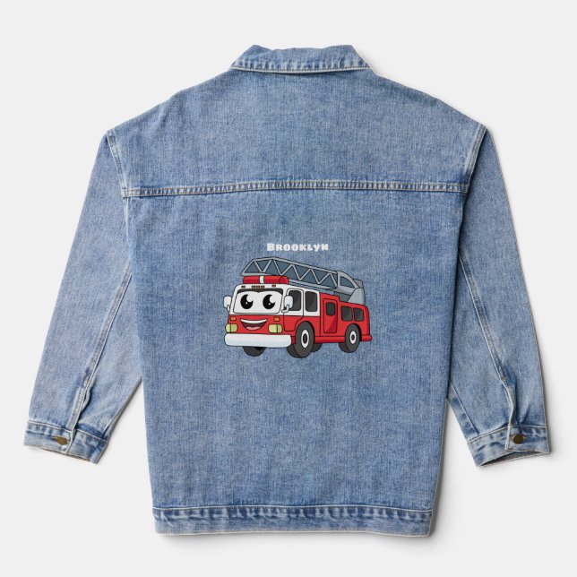 Cute happy fire engine cartoon denim jacket (Back)
