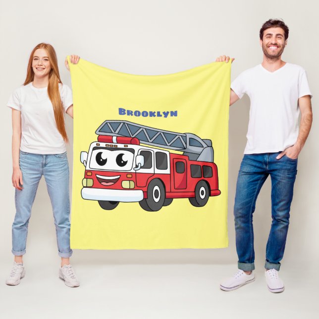 Cute happy fire engine cartoon fleece blanket (In Situ)