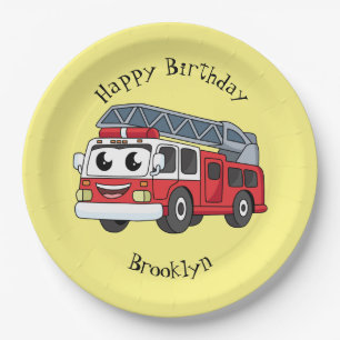 Cute happy fire engine cartoon paper plate