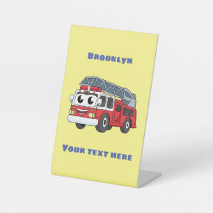 Cute happy fire engine cartoon pedestal sign