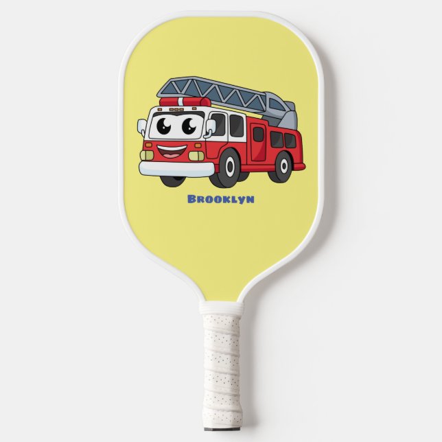 Cute happy fire engine cartoon pickleball paddle (Front)