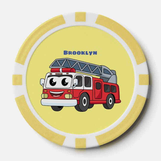 Cute happy fire engine cartoon poker chips (Front)