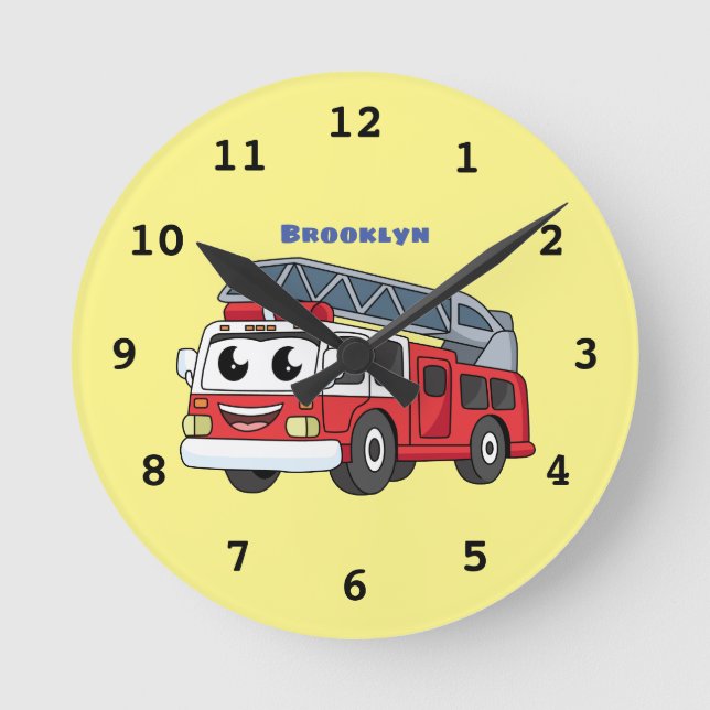 Cute happy fire engine cartoon round clock (Front)