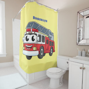 Cute happy fire engine cartoon  shower curtain