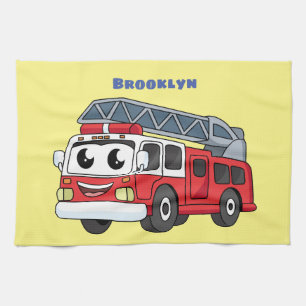 Cute happy fire engine cartoon tea towel